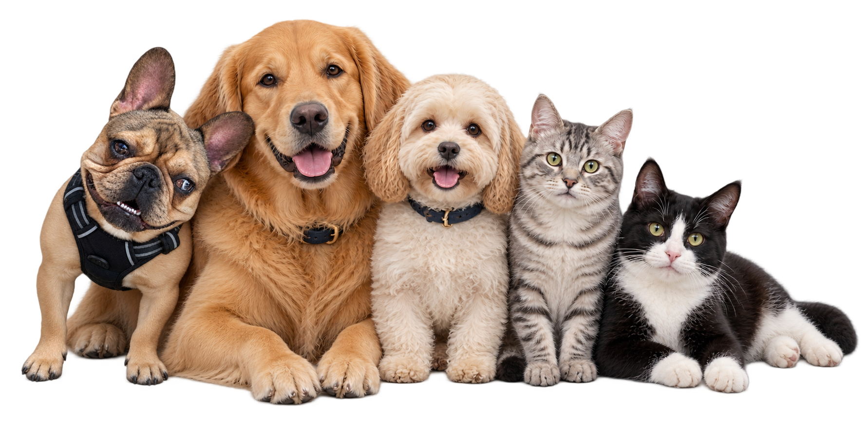 French bulldog nestled beside a golden retriever, a cream dog, and two cats in one close group